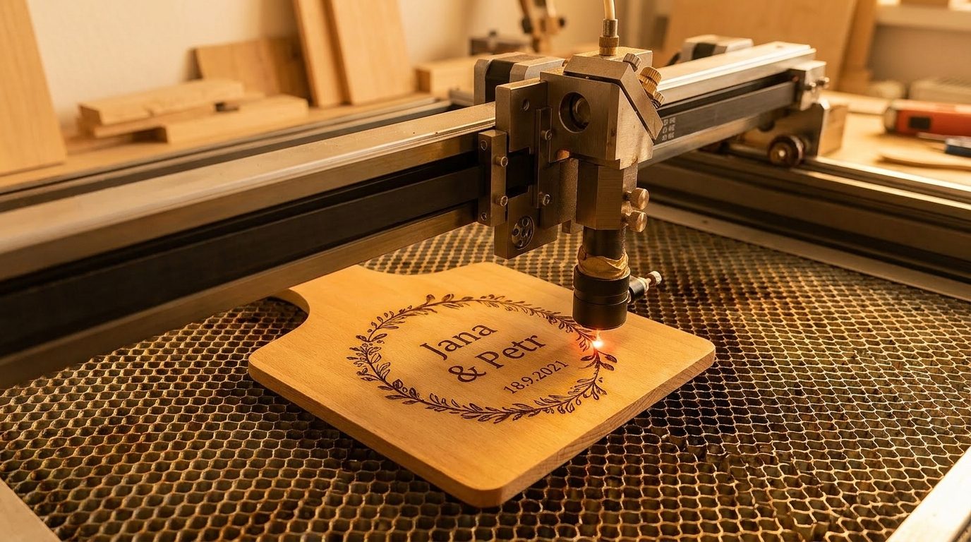 Laserové gravírování dřevěného prkénka se jmény